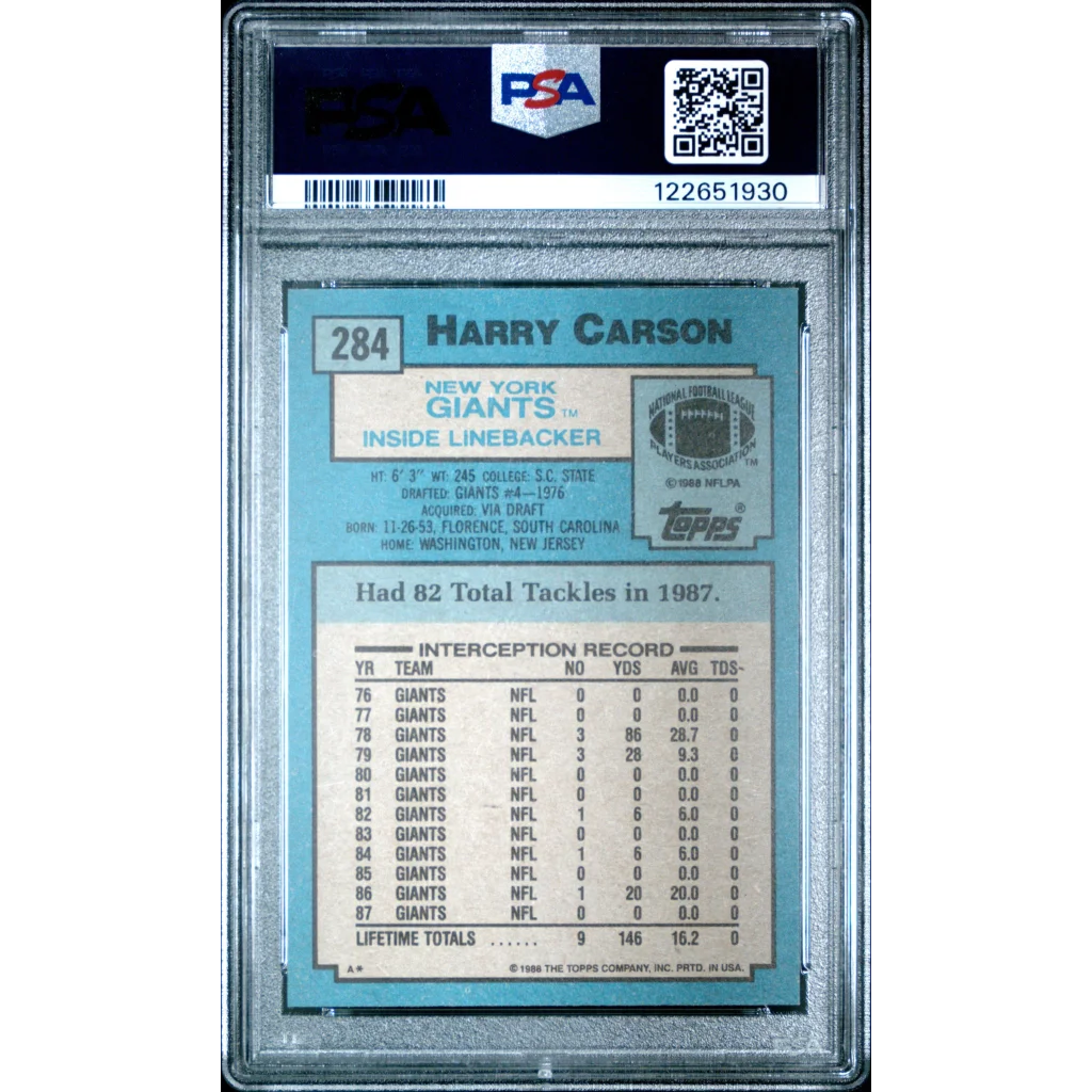 Graded 1988 Topps Harry Carson #284 Football Card PSA 8 Near Mint | PSA 8 NM-MT Graded Vintage Football Card | vintageantiquesgifts.com