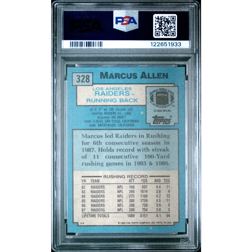 Graded 1988 Topps Marcus Allen #328 Football Card PSA 9 Mint | PSA 9 Mint Graded Vintage Football Card | vintageantiquesgifts.com