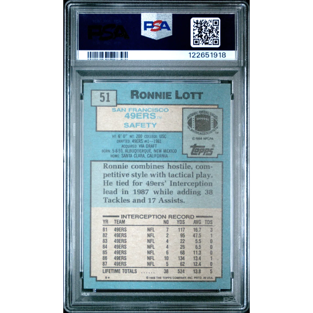Graded 1988 Topps Ronnie Lott #51 Football Card PSA 8 Near Mint