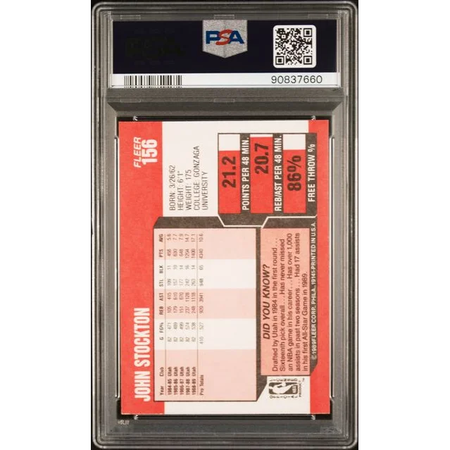 Graded 1989 Fleer John Stockton #156 2nd Year Basketball Card PSA 10 Gem Mint | PSA 10 Gem Mint Graded Vintage Basketball Card | vintageantiquesgifts.com