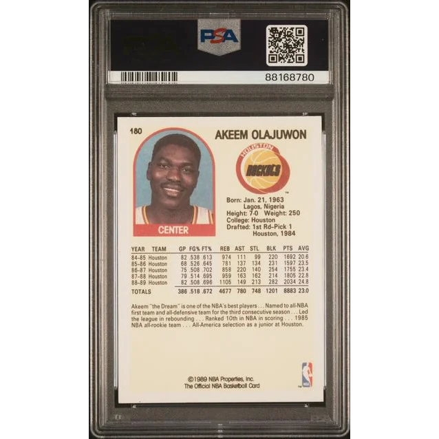 Graded Akeem Olajuwon 1989 Hoops Gem Mint Basketball Card in Pristine PSA 10 condition