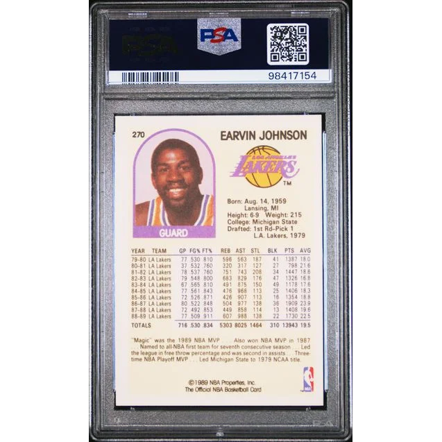 Encased Magic Johnson 1989 Hoops basketball card showing basketball legend