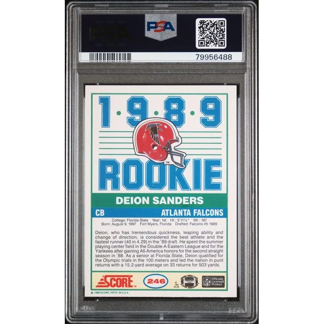 1989 Score Deion Sanders #246 Rookie Card PSA 9 Mint in Falcons Helmet Slab