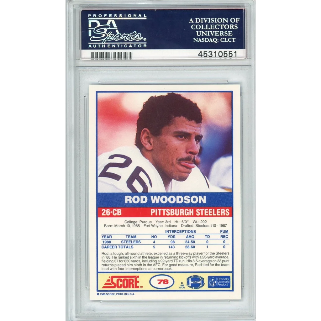 A graded 1988 Score Rod Woodson rookie card in PSA Gem Mint 10 collection