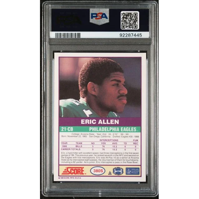 A graded PSA Mint 9 1990 Score Eric Allen football card from the 1989 Score Supplemental set