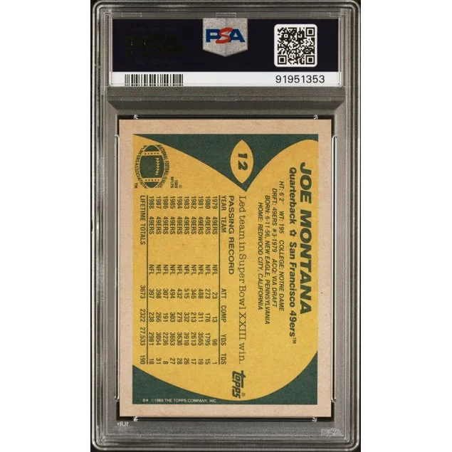 Graded 1989 Topps Joe Montana football trading card in PSA case