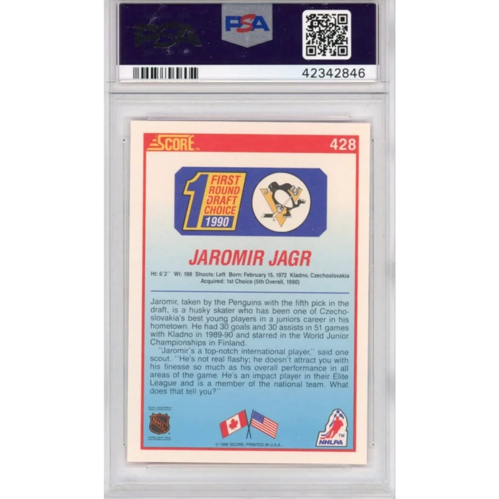 Graded 1990-91 Score Jaromir Jagr #428 Rookie RC Hockey Card PSA 10 Gem Mint | PSA 10 Gem Mint Graded Rookie Card | vintageantiquesgifts.com