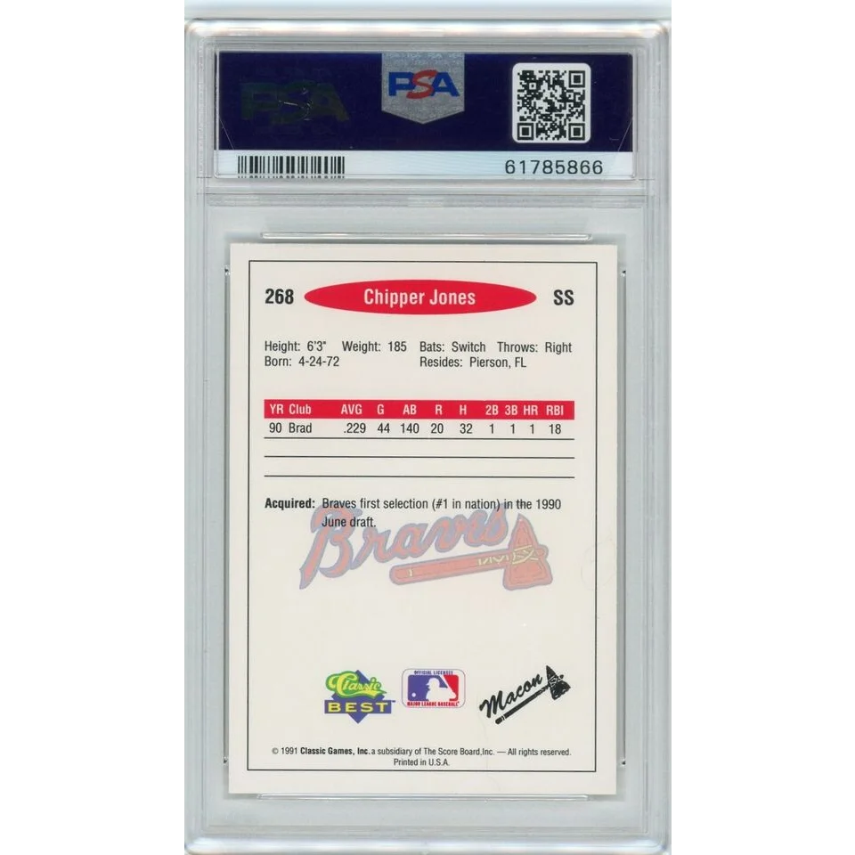 Graded 1991 Classic Best Chipper Jones #268 Rookie PSA 10 Gem Mint Card