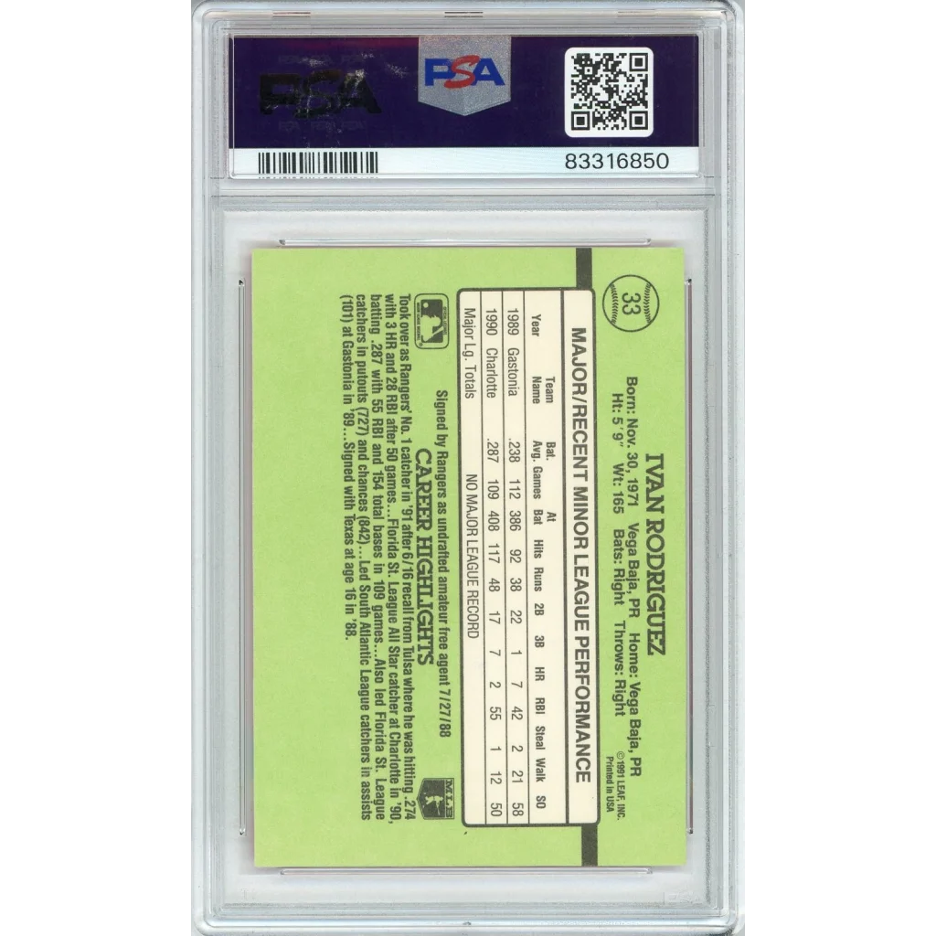 A graded Ivan Rodriguez 1991 Donruss Rookies autographed baseball card on display