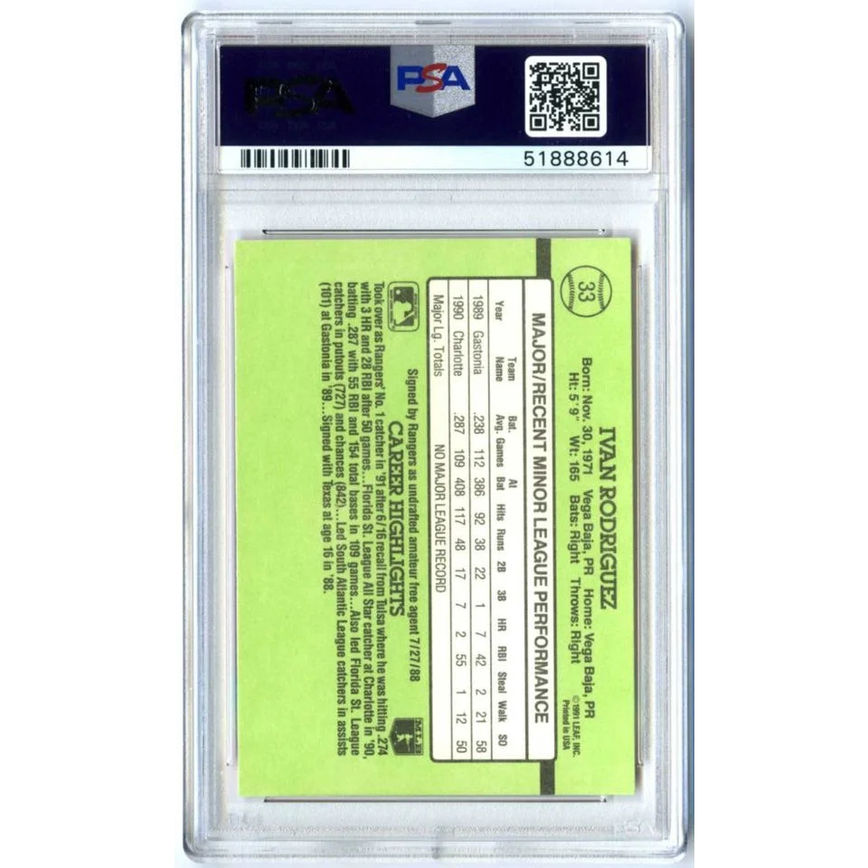 Graded 1991 Panini Donruss Rookies Ivan Rodriguez #33 Rookie RC Baseball Card PSA 10 Gem Mint | PSA 10 Gem Mint Graded Rookie Card | vintageantiquesgifts.com
