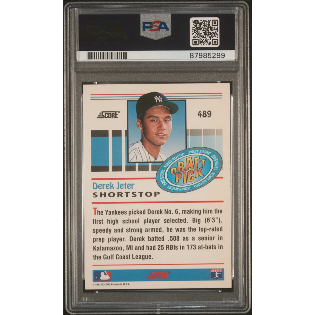 Graded 1993 score derek jeter rookie baseball card featuring his portrait in a new york yankees cap with draft pick emblem
