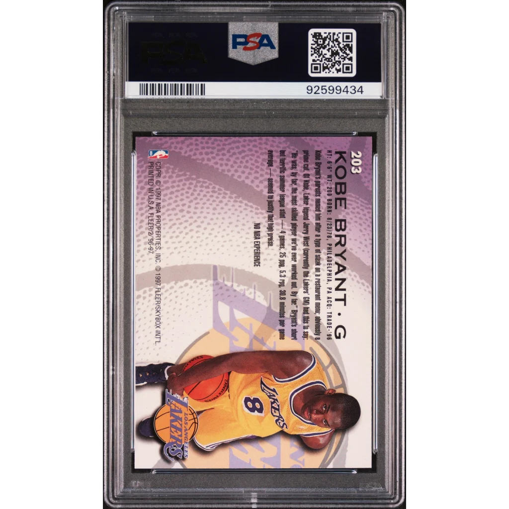 Graded 1996 Fleer Kobe Bryant #203 Rookie RC PSA 9 in Lakers jersey