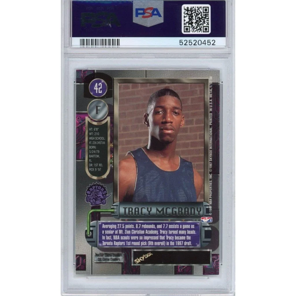 PSA graded Skybox Metal Universe Tracy McGrady rookie card front view