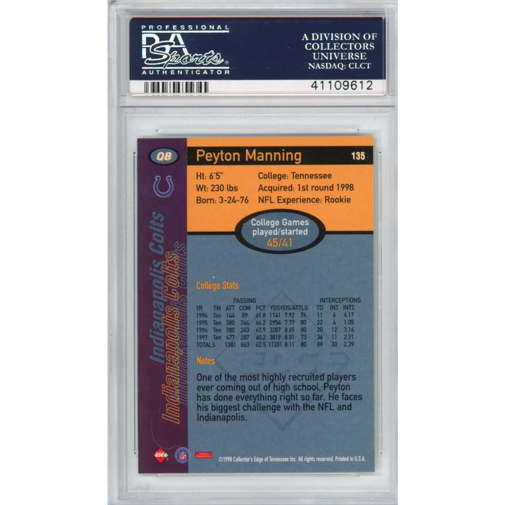 Graded PSA 10 1998 Collector’s Edge Peyton Manning #135 Rookie RC Card