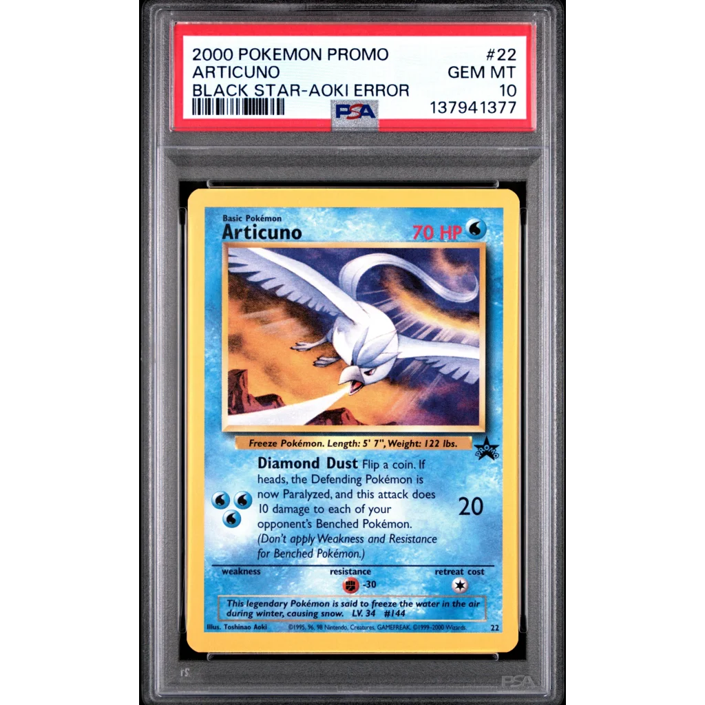 Graded 2000 PKM Black Star Promo Aoki Error Articuno 22 Trading Card Game PSA 10 Gem Mint | Hall of Fame Sports Memorabilia | vintageantiquesgifts.com