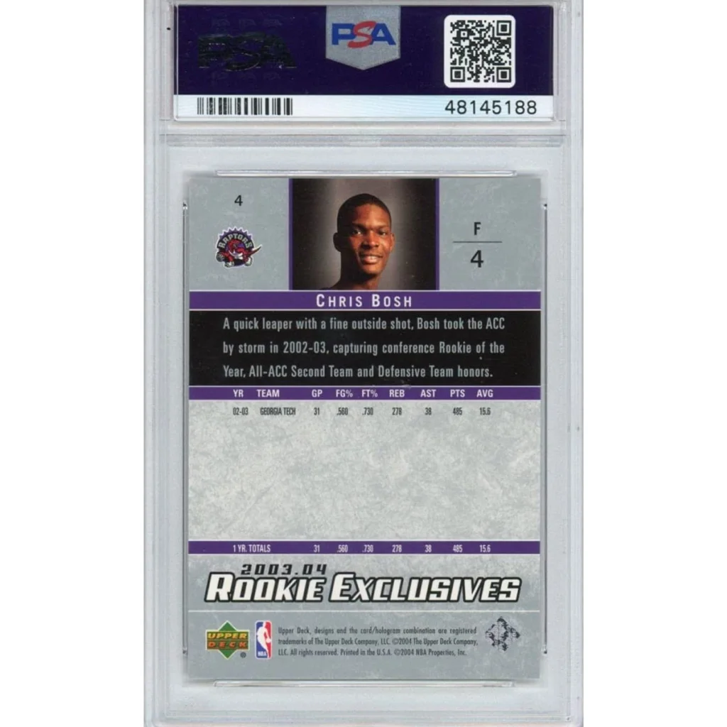 Graded 2003-04 Upper Deck UD Chris Bosh #4 Rookie RC Exclusives Basketball Card PSA 10 Gem Mint | PSA 10 Gem Mint Graded Rookie Card | vintageantiquesgifts.com
