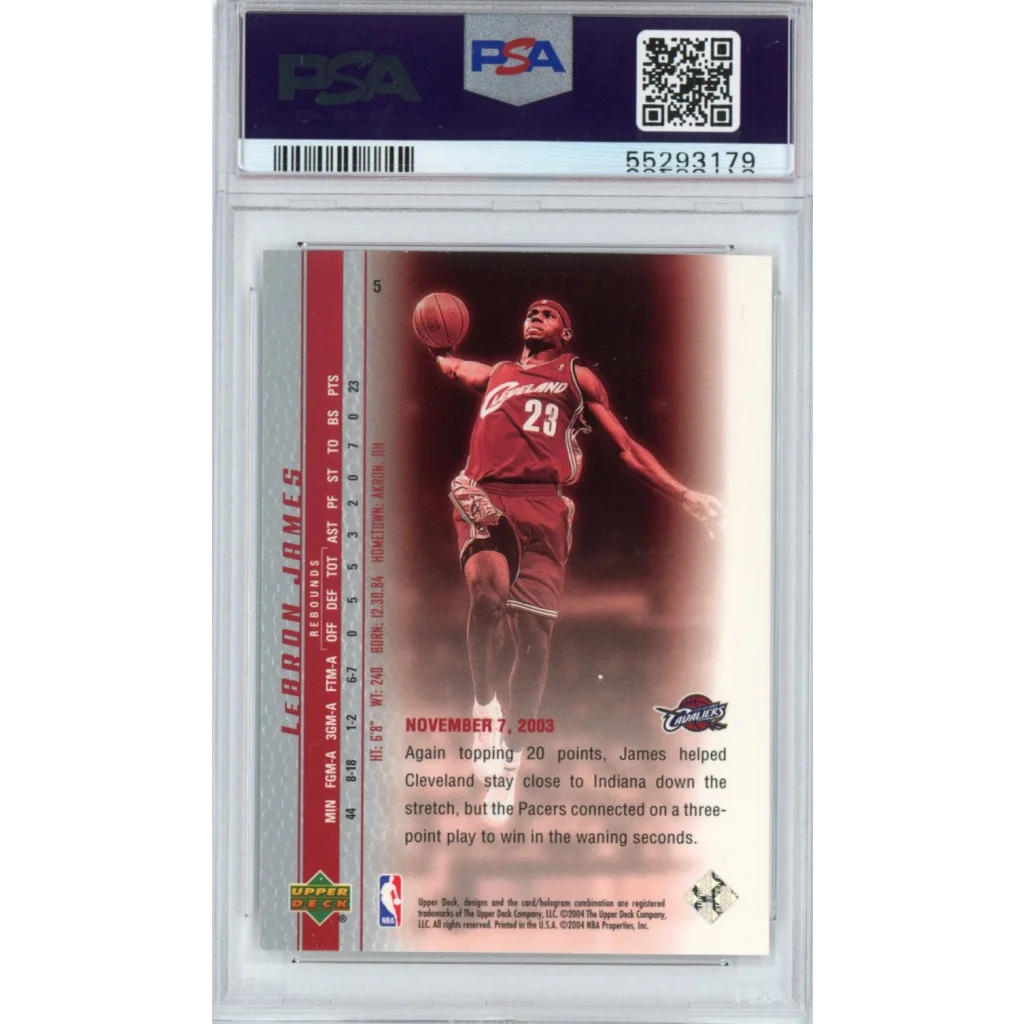 Graded LeBron James 2003 Upper Deck Rookie Card in PSA case for collectors