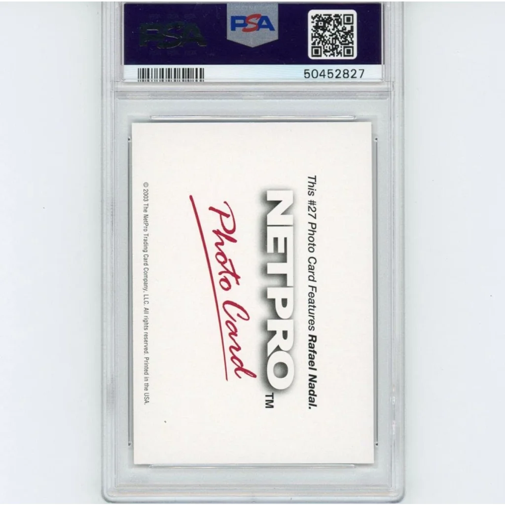 Mint 10 PSA graded 2003 NetPro Rafael Nadal rookie card showing Rafael Nadal’s image
