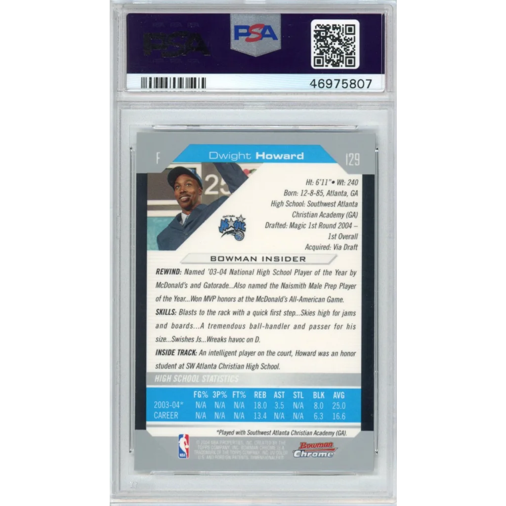 Graded 2004-05 Bowman Chrome DP Draft Picks & Prospects Dwight Howard #129 Rookie RC Basketball Card PSA 10 Gem Mint | PSA 10 Gem Mint Graded Rookie Card | vintageantiquesgifts.com