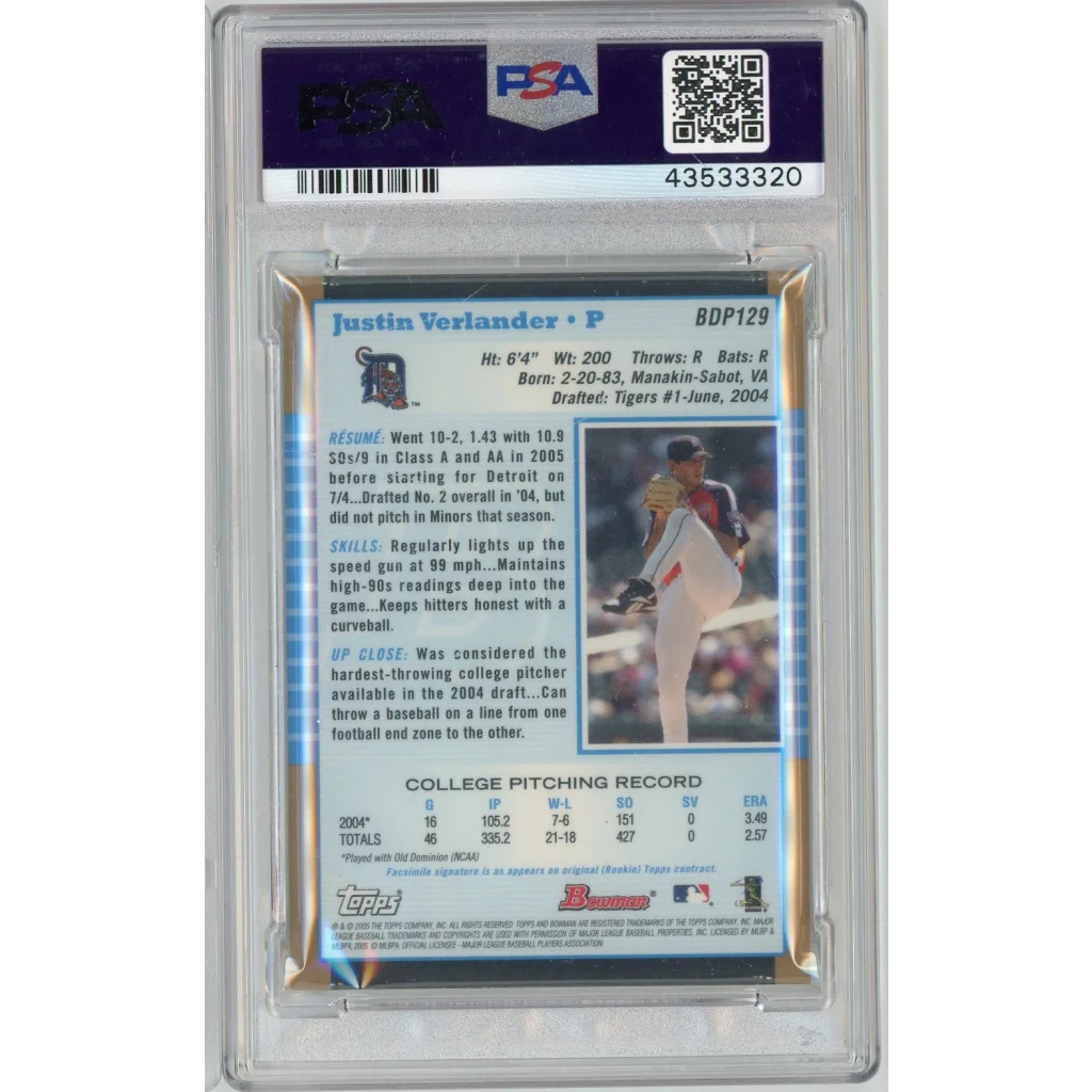 Graded 2005 Bowman Draft Picks Gold Justin Verlander #BDP129 Rookie RC Baseball Card PSA 9 Mint | PSA 9 Mint Graded Rookie Card | vintageantiquesgifts.com
