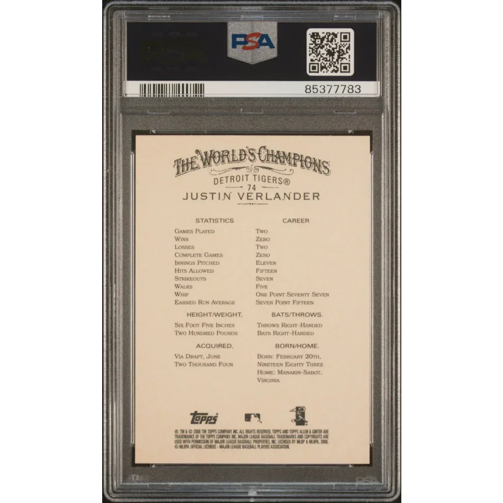 Graded 2006 Topps Allen & Ginter Justin Verlander #74 Rookie RC Baseball Card PSA 10 Gem Mint | PSA 10 Gem Mint Graded Rookie Card | vintageantiquesgifts.com