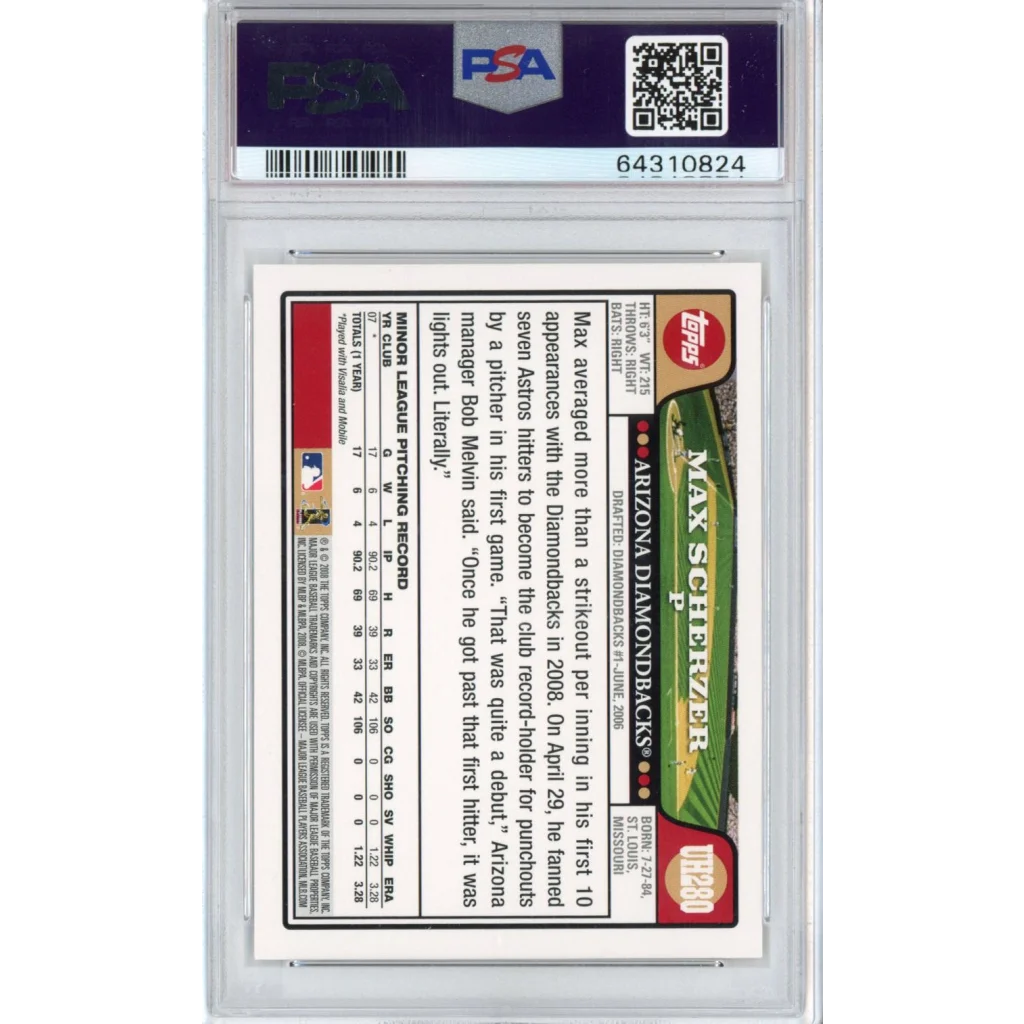 Graded 2008 Topps Update & Highlights Max Scherzer #UH280 Rookie RC Baseball Card PSA 9 Mint | PSA 9 Mint Graded Rookie Card | vintageantiquesgifts.com