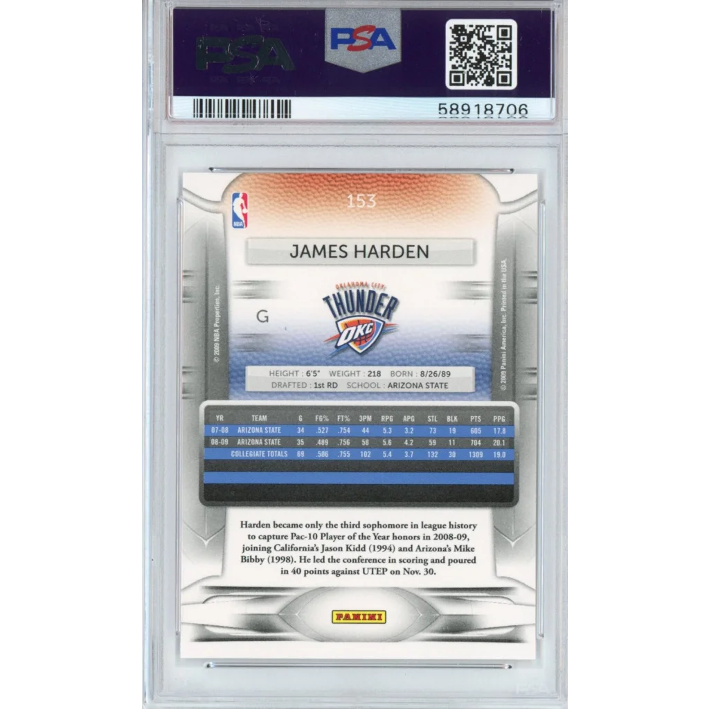 Graded 2009-10 Panini Prestige James Harden #153 Rookie RC Basketball Card PSA 10 Gem Mint | PSA 10 Gem Mint Graded Rookie Card | vintageantiquesgifts.com