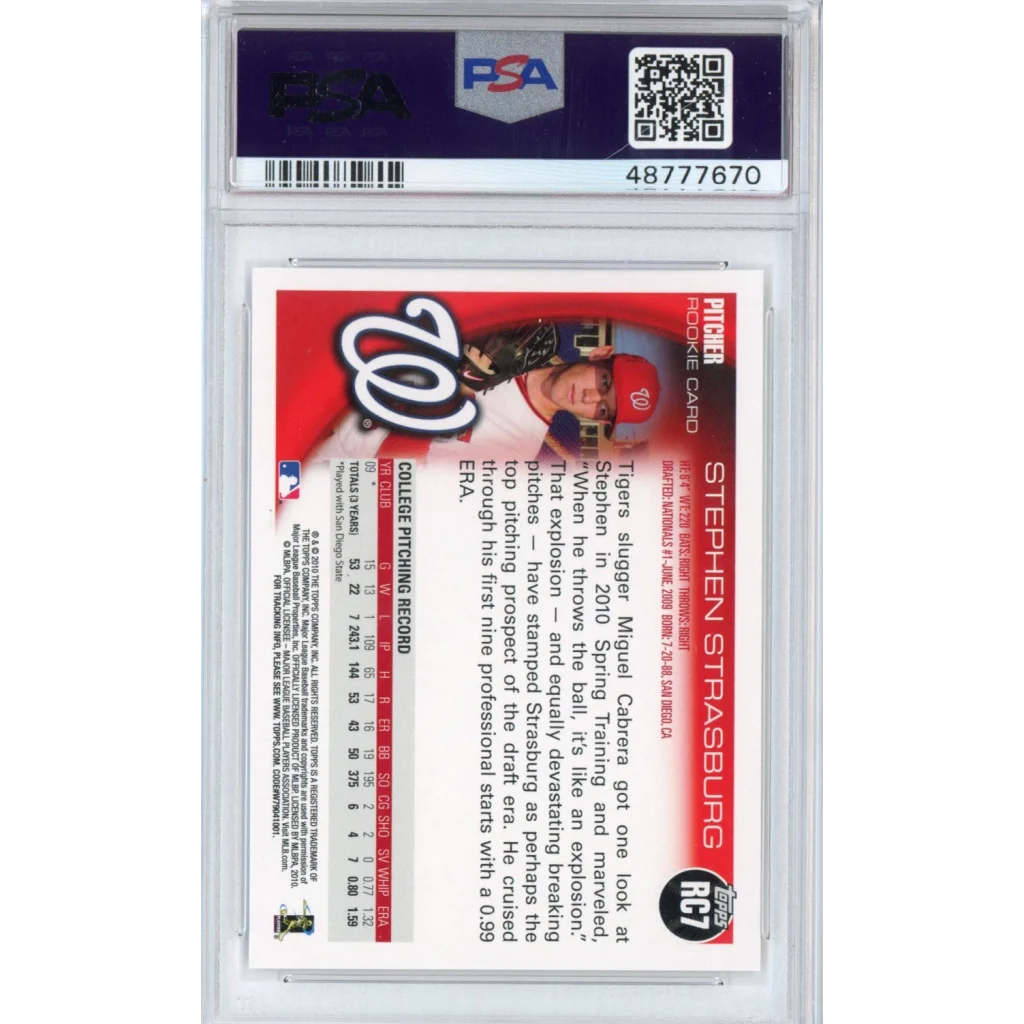 Graded PSA 10 Stephen Strasburg 2010 Topps Holiday Rookie Card in gem mint condition