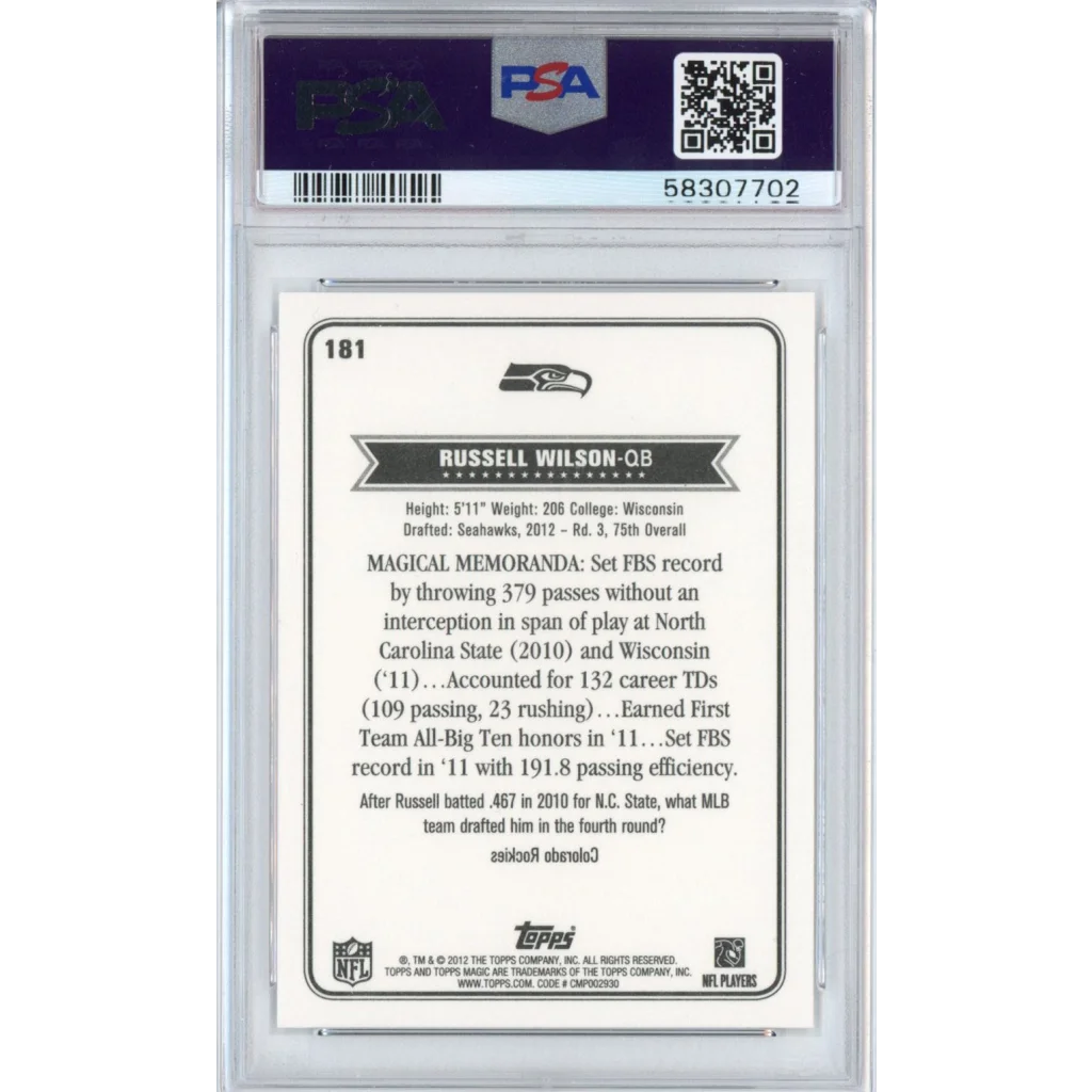 Graded PSA 10 Gem Mint 2012 Topps Russell Wilson #181 Rookie Seahawks Card
