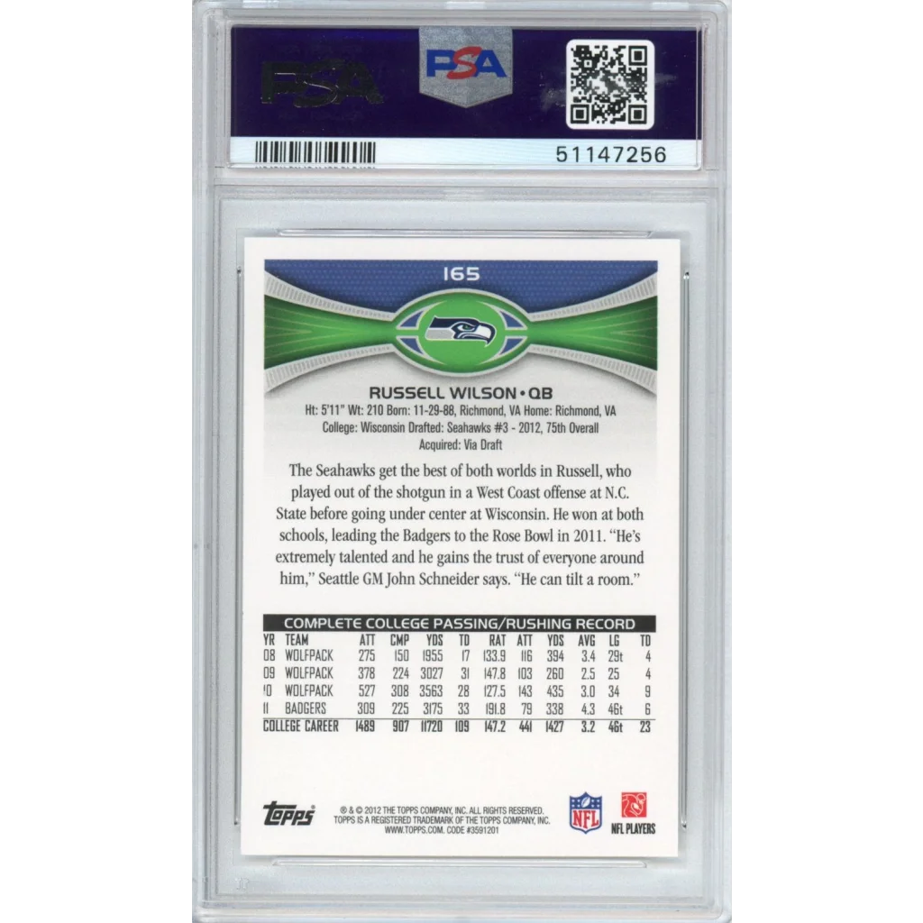 Graded 2012 Topps Russell Wilson #165 Passing Stands Visible Rookie RC Football Card PSA 10 Gem Mint | PSA 10 Gem Mint Graded Rookie Card | vintageantiquesgifts.com