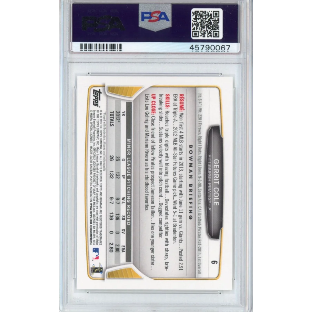 PSA graded 2013 Bowman Gerrit Cole Rookie Card baseball card on display