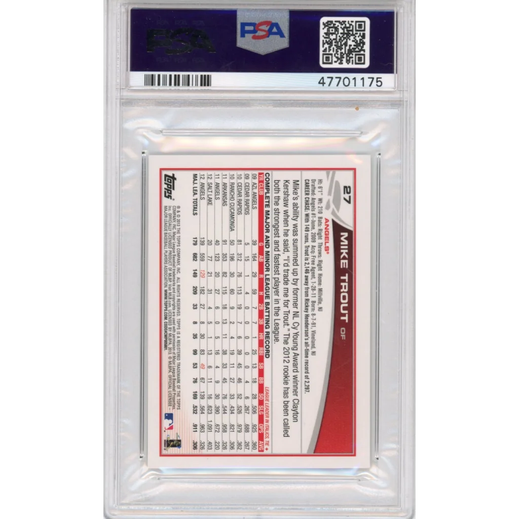 A graded 2013 Topps Mini Mike Trout baseball card in PSA holder