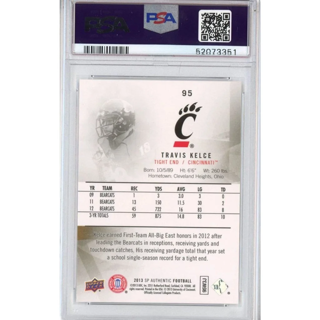 Graded Travis Kelce football trading card by PSA GEM MT 10 from professional sports authenticator