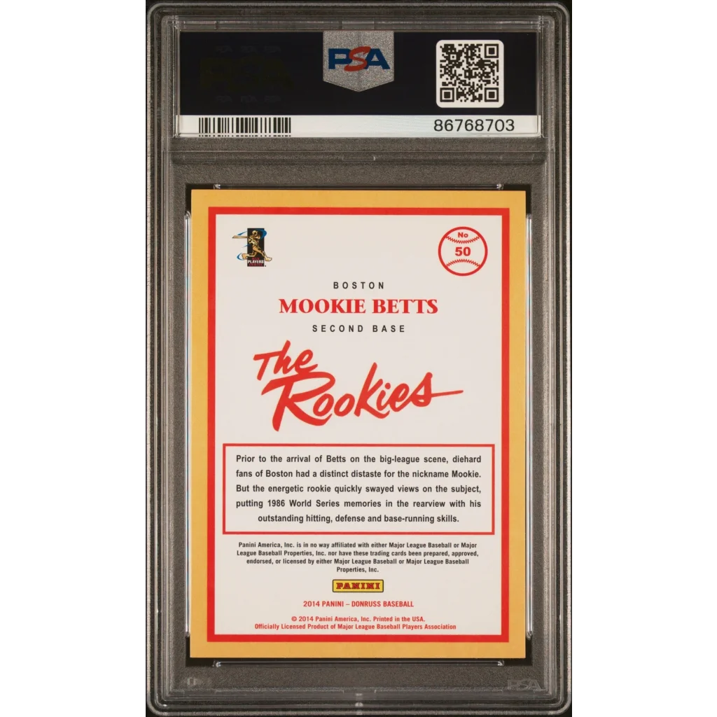 Graded 2014 Panini Donruss Mookie Betts #50 The Rookies Rookie RC Baseball Card PSA 10 Gem Mint | PSA 10 Gem Mint Graded Rookie Card | vintageantiquesgifts.com