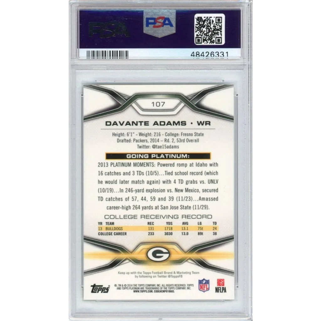 A graded Davante Adams 2014 Topps Platinum rookie football card in PSA holder