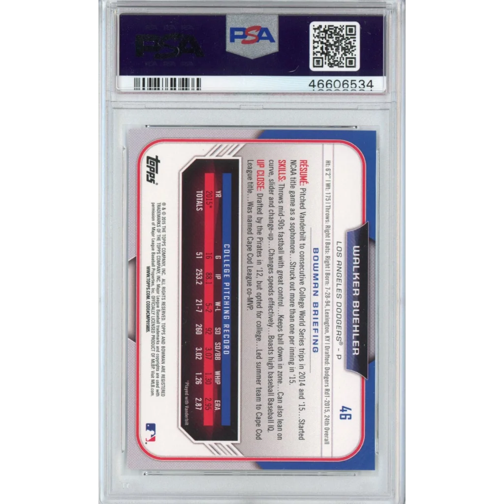 Graded 2015 Bowman Draft Walker Buehler #46 Rookie RC Baseball Card PSA 10 Gem Mint | PSA 10 Gem Mint Graded Rookie Card | vintageantiquesgifts.com