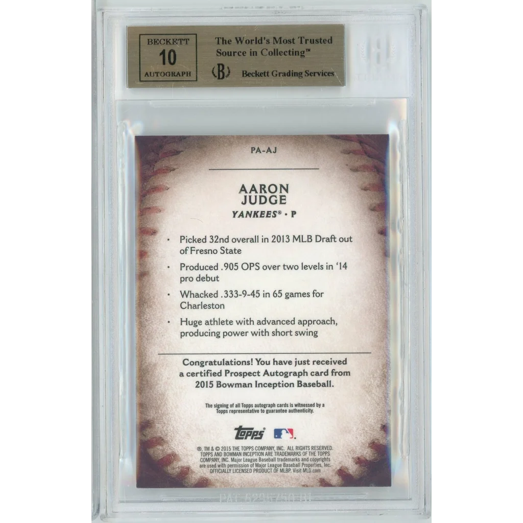 Graded 2015 Bowman Inception Aaron Judge PAAJ Prospect Autographs Rookie RC Baseball Card BGS 9.5 10 Auto Grade Gem Mint | BGS 9.5 Gem Mint Graded Rookie Card | vintageantiquesgifts.com