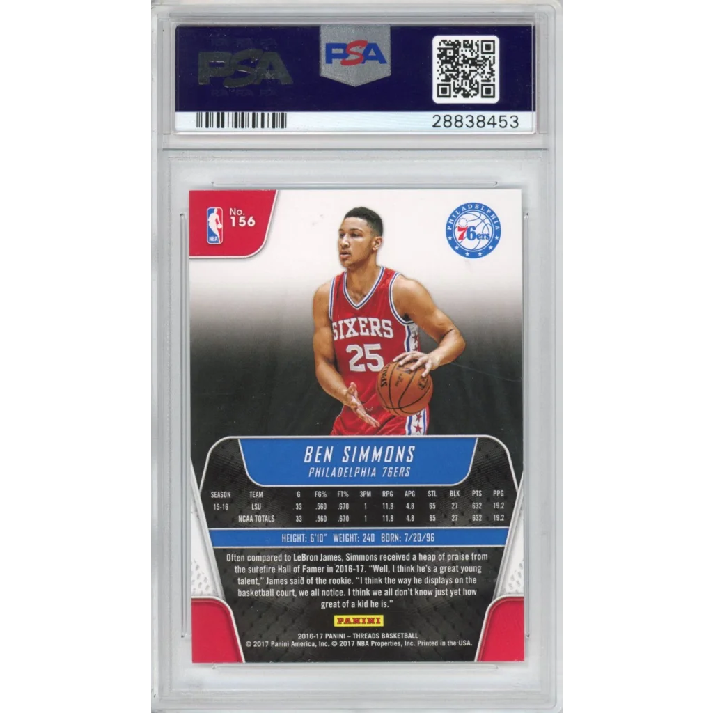 Graded 2016-17 Panini Threads Ben Simmons #156 Rookie RC Basketball Card PSA 10 Gem Mint | PSA 10 Gem Mint Graded Rookie Card | vintageantiquesgifts.com