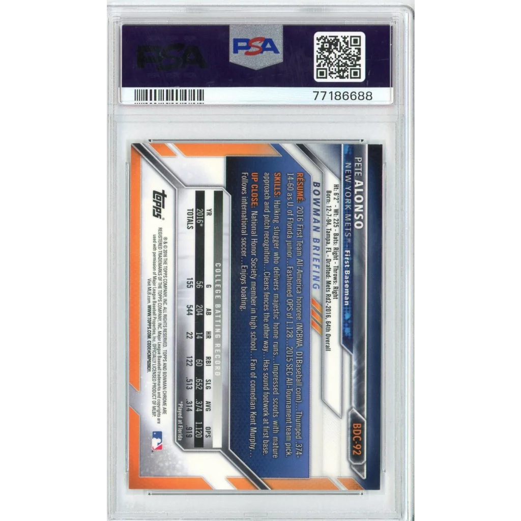 PSA graded 2019 Panini Donruss Pete Alonso rookie card with blue orange design and stats