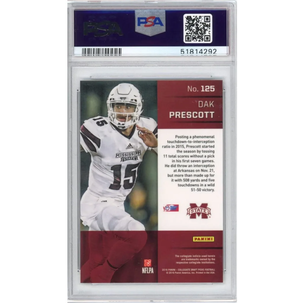Graded 2016 Panini Prizm College Draft Picks Dak Prescott #125 Rookie RC Football Card PSA 10 Gem Mint | PSA 10 Gem Mint Graded Rookie Card | vintageantiquesgifts.com