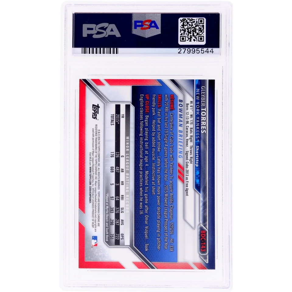 Graded 2016 Topps Bowman Draft Gleyber Torres #BDC143 Chrome Rookie RC Baseball Card PSA 10 Gem Mint | PSA 10 Gem Mint Graded Rookie Card | vintageantiquesgifts.com