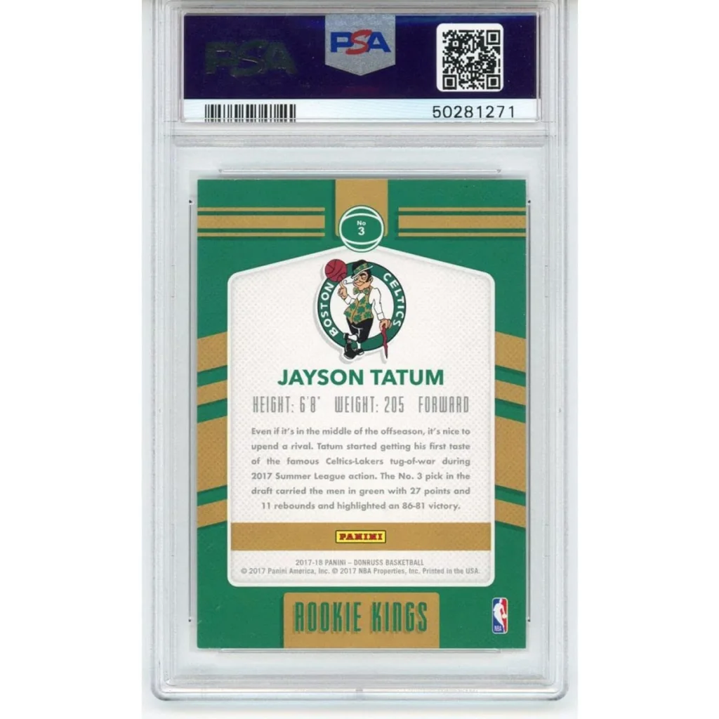 Graded PSA 10 2017-18 Panini Donruss Jayson Tatum Rookie Card in Green Gold Slab
