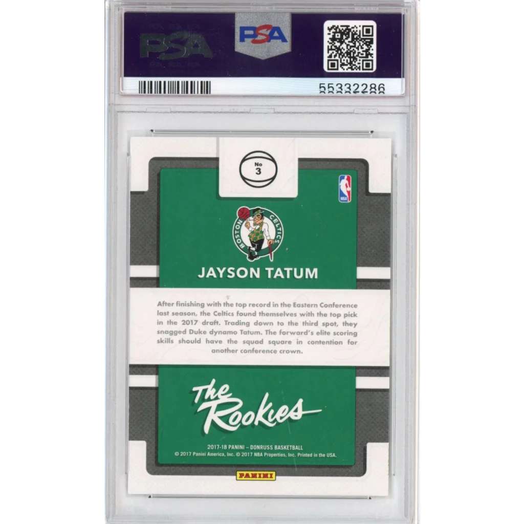 Graded 2017-18 Panini Donruss Jayson Tatum #3 The Rookies RC Basketball Card PSA 10 Gem Mint | PSA 10 Gem Mint Graded Rookie Card | vintageantiquesgifts.com