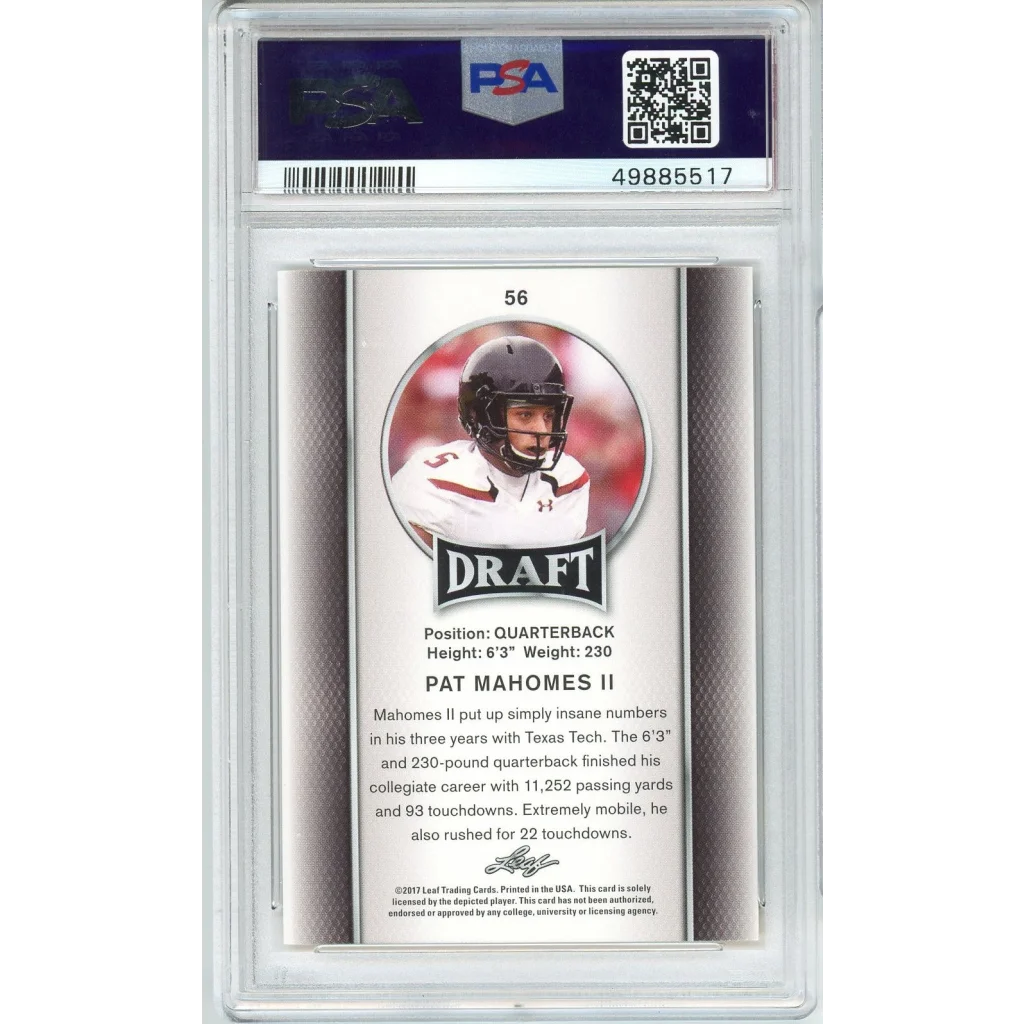Graded 2017 Leaf Draft Patrick Mahomes II Gold #56 Rookie RC Football Card PSA 10 Gem Mint | PSA 10 Gem Mint Graded Rookie Card | vintageantiquesgifts.com