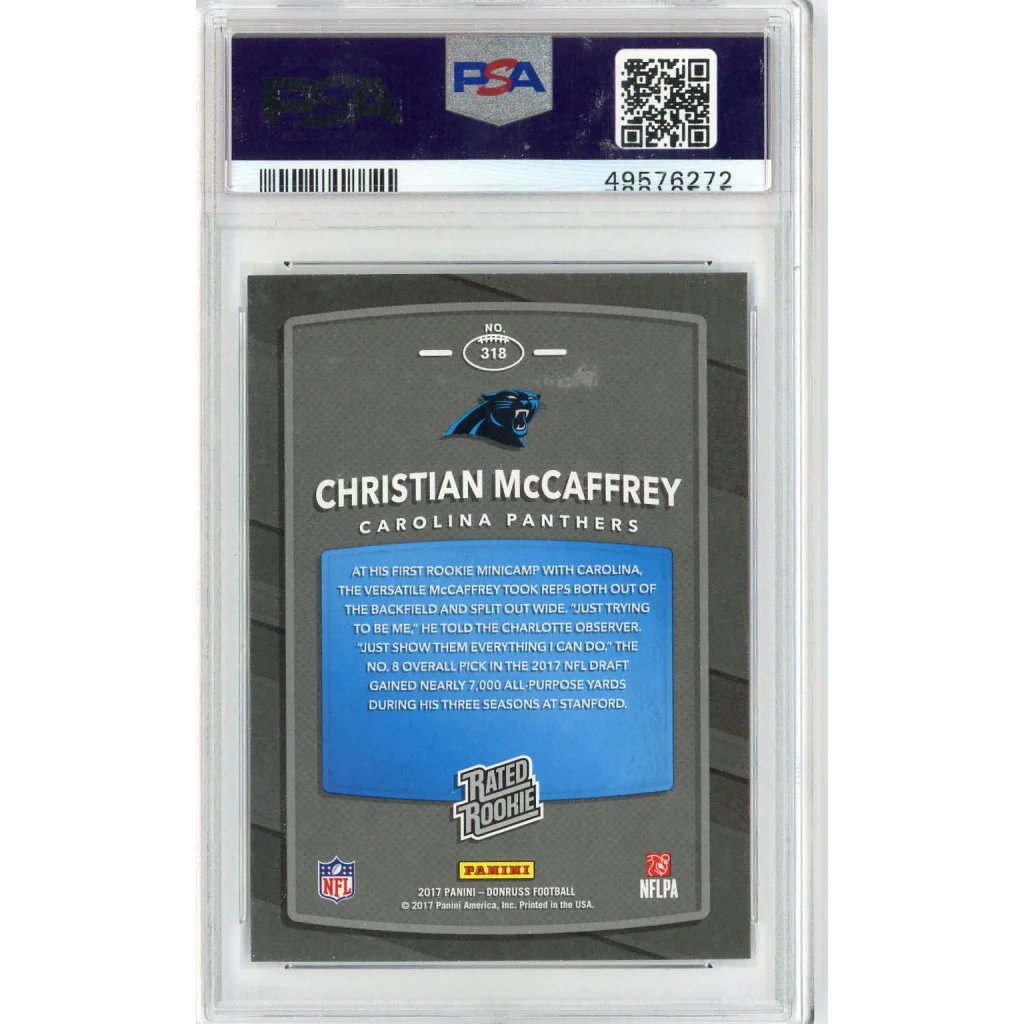 Graded 2017 Panini Donruss Christian McCaffrey #318 Rookie RC Football Card PSA 10 Gem Mint | PSA 10 Gem Mint Graded Rookie Card | vintageantiquesgifts.com