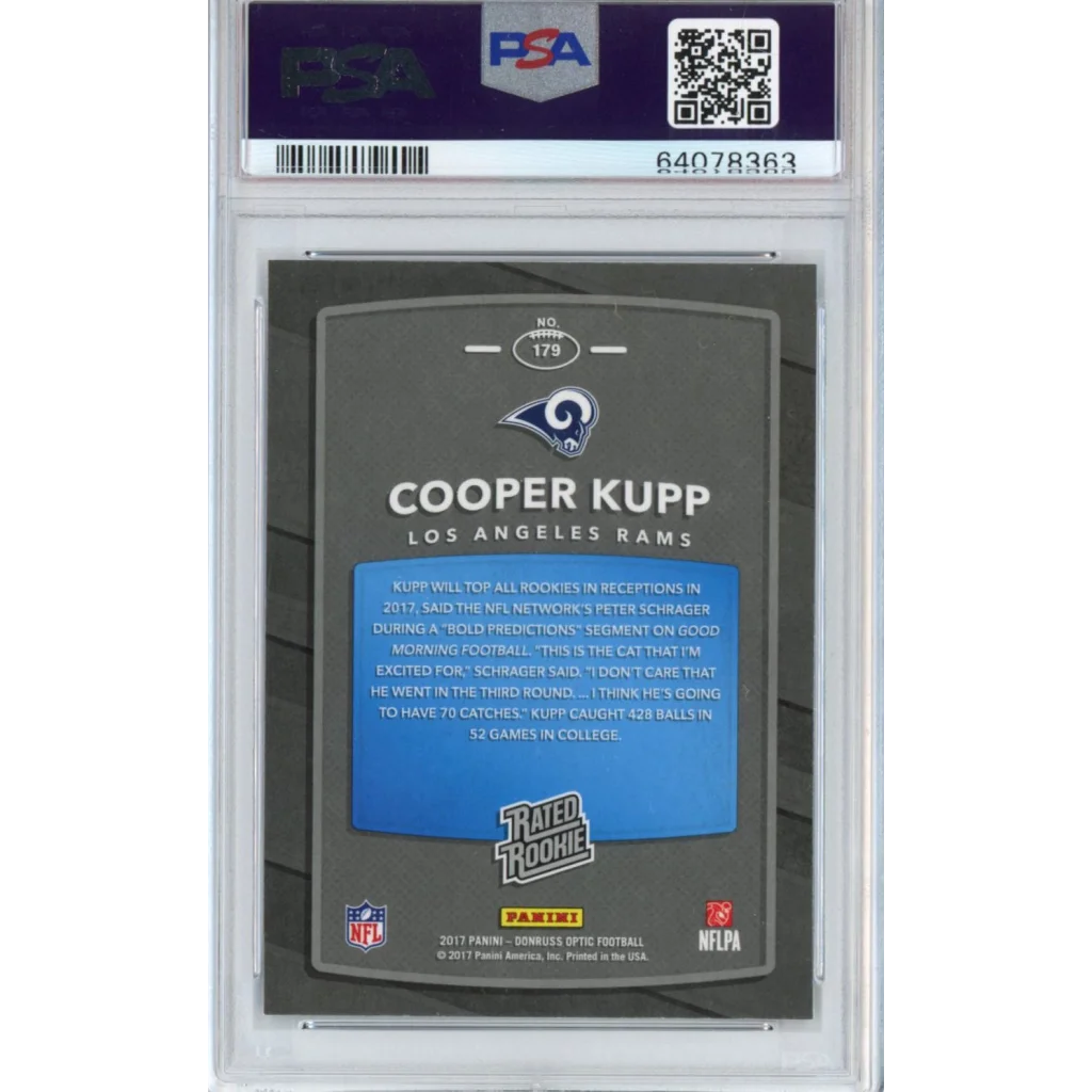 A graded PSA 10 Cooper Kupp 2017 Panini Donruss Optic Rookie Card Gem Mint