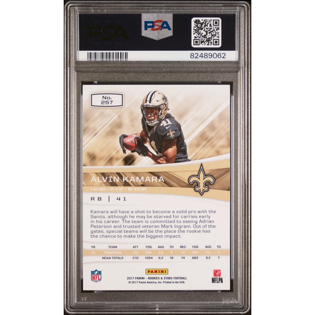 Graded PSA 10 Alvin Kamara 2017 Panini Rookies & Stars football card in mint condition