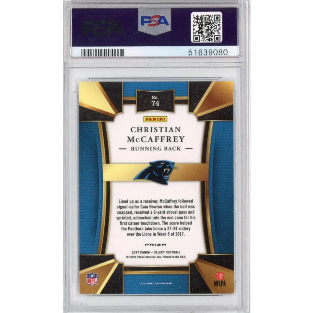 PSA graded Christian McCaffrey Panini Prizm football card from 2017 rookie set