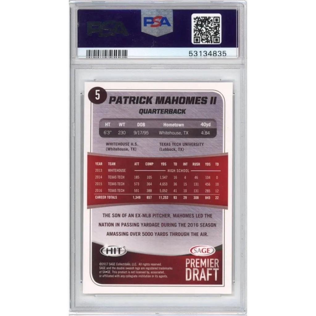 Graded 2017 Sage SA-GE Hit Patrick Mahomes II #5 Premier Draft Rookie RC Football Card PSA 10 Gem Mint | PSA 10 Gem Mint Graded Rookie Card | vintageantiquesgifts.com