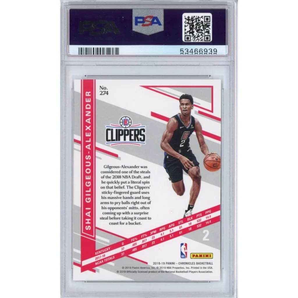 Graded 2018-19 Panini Chronicles Shai Gilgeous-Alexander #274 Rookie RC Basketball Card PSA 10 Gem Mint | PSA 10 Gem Mint Graded Rookie Card | vintageantiquesgifts.com